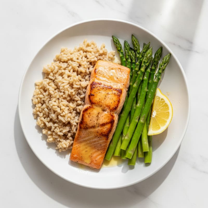 Seared Salmon Fillet with Steamed Asparagus and Brown Rice