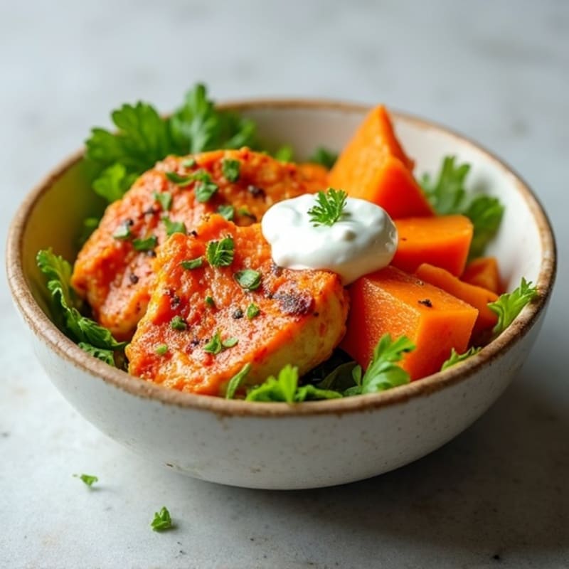 Creamy Buffalo Chicken and Roasted Sweet Potato Bowl