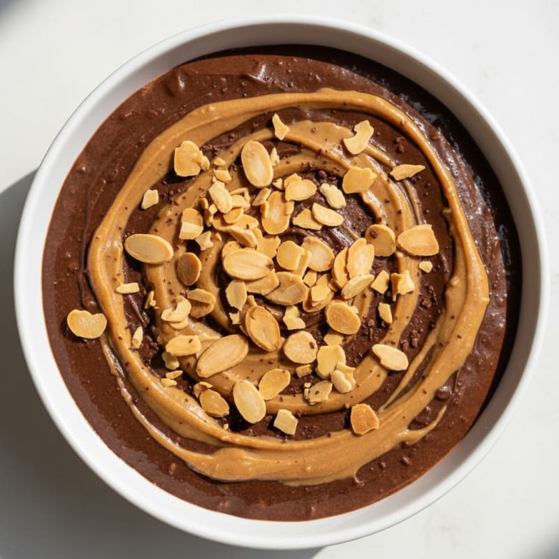 Chocolate Protein Pudding with Peanut Butter Swirl and Toasted Almonds