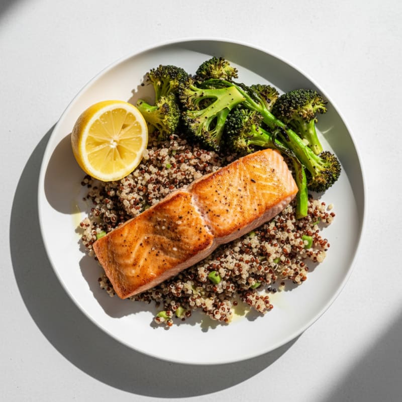 Seared Salmon with Roasted Broccoli and Quinoa