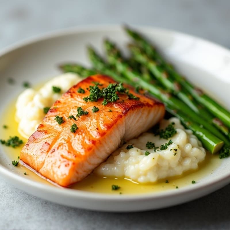 Seared Salmon Filet with Steamed Asparagus and Garlic Cauliflower Mash
