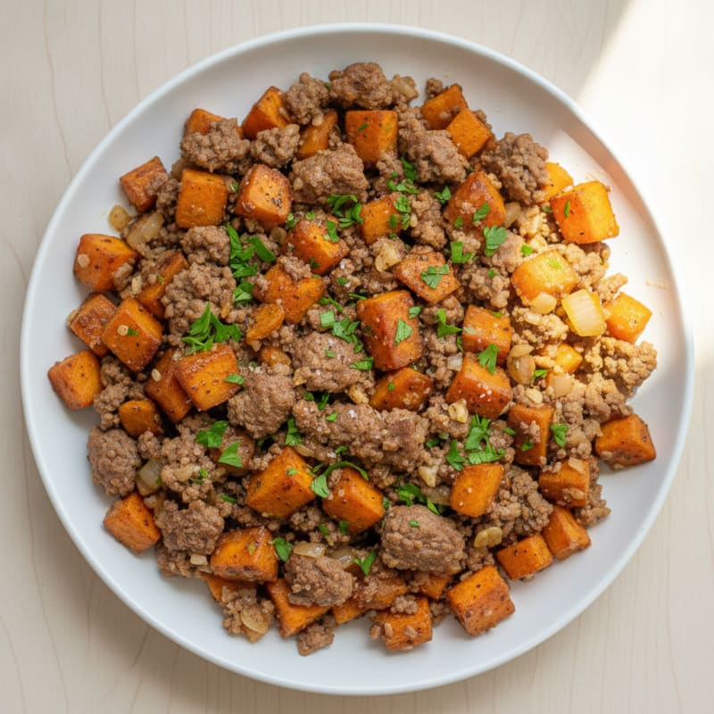 Ground Beef Skillet with Roasted Sweet Potatoes