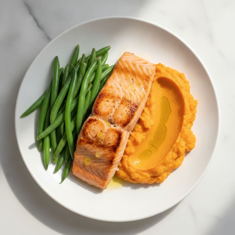 Seared Salmon Fillet with Steamed Green Beans and Sweet Potato Mash