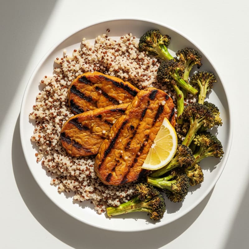 Grilled Tempeh with Roasted Broccoli and Quinoa