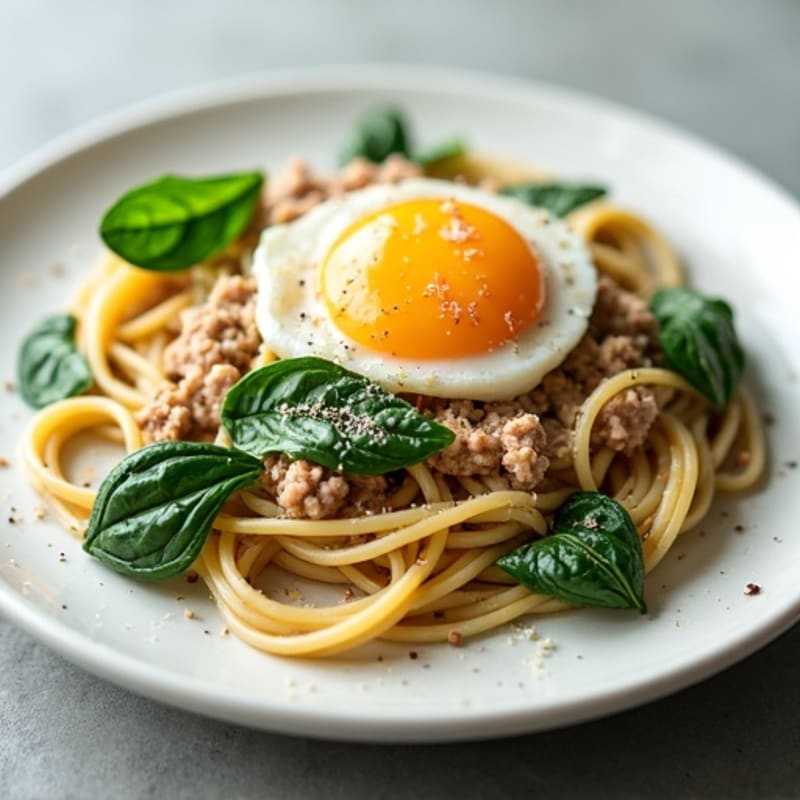 Creamy Turkey Carbonara with Whole Wheat Spaghetti and Wilted Greens
