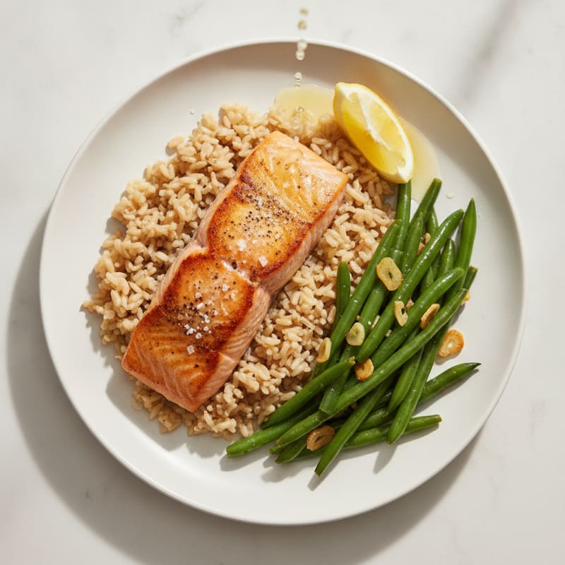 Seared Salmon with Garlic Green Beans and Brown Rice