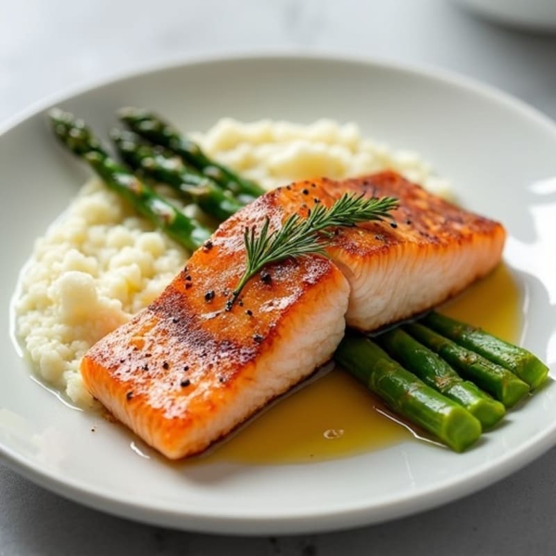 Seared Salmon with Steamed Asparagus and Cauliflower Mash