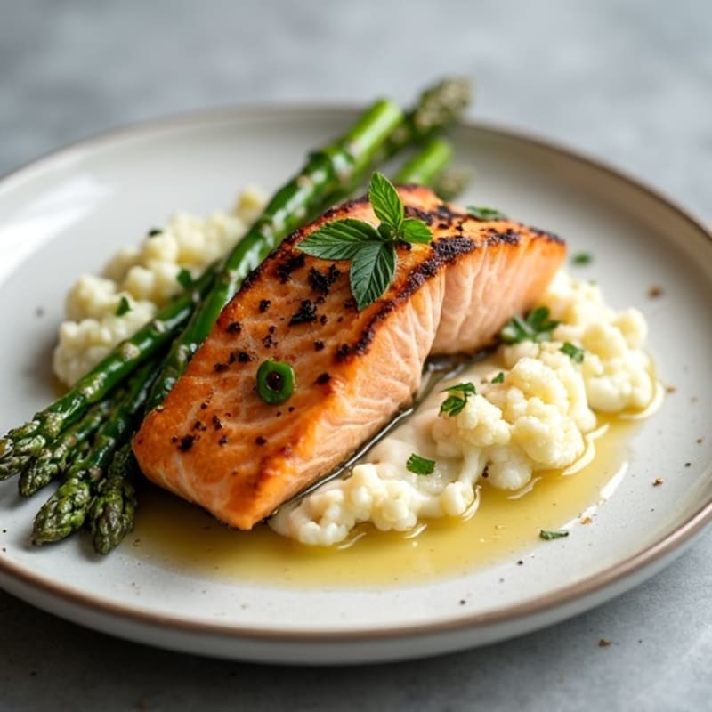 Grilled Salmon with Roasted Asparagus and Cauliflower Mash
