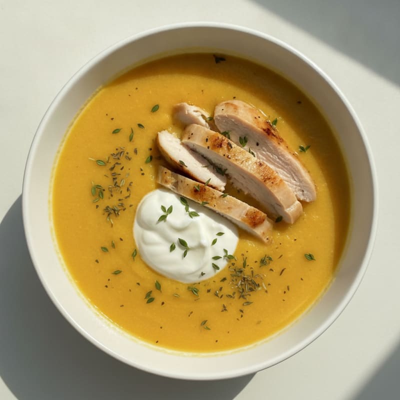 Roasted Butternut Squash Soup with Sliced Chicken