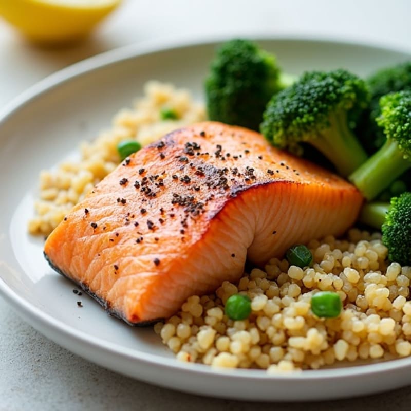Seared Salmon Fillet with Steamed Broccoli and Quinoa