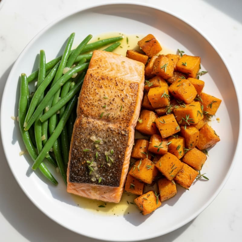 Seared Salmon Fillet with Roasted Sweet Potato and Green Beans