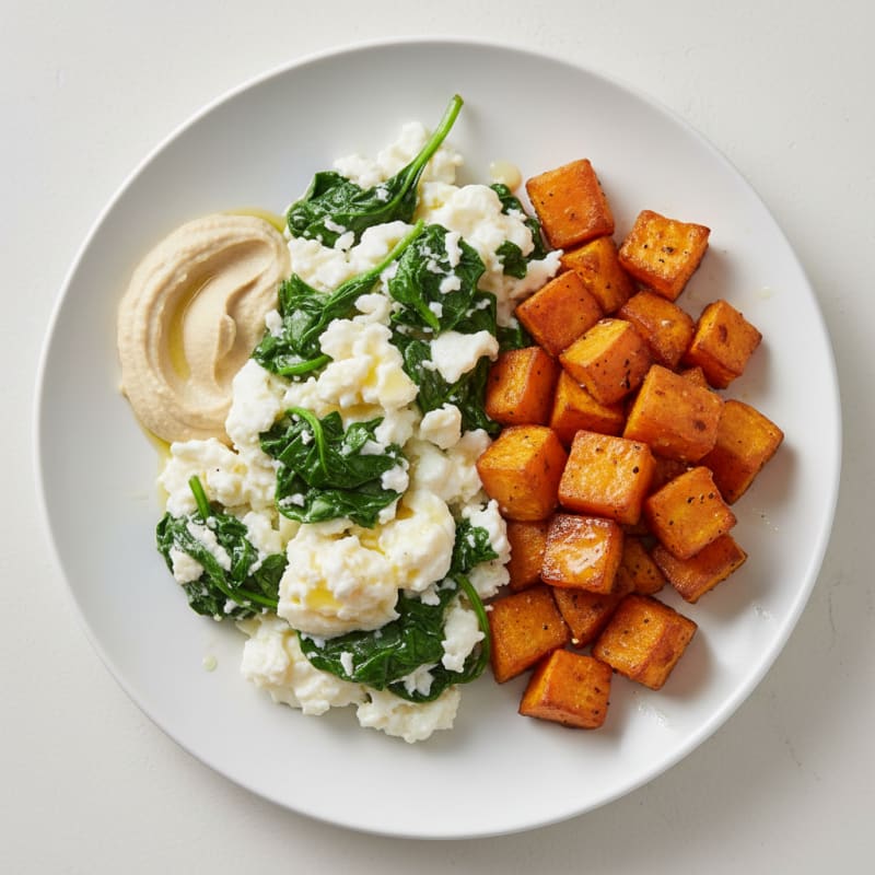Egg White and Spinach Scramble with Roasted Sweet Potatoes