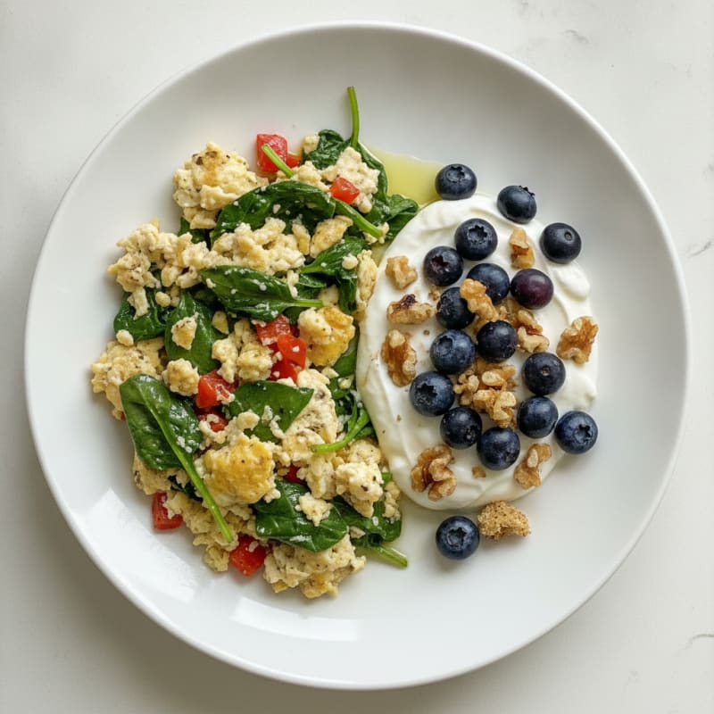 Egg White Veggie Scramble with Greek Yogurt and Fresh Berries