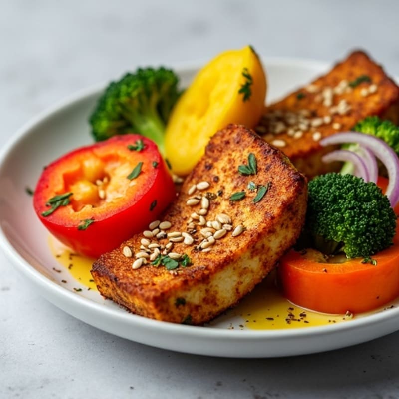 Crispy Baked Tofu with Roasted Rainbow Vegetables