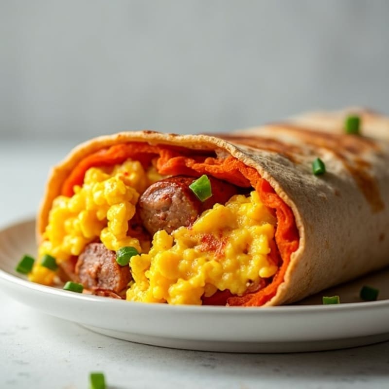 Crispy Sweet Potato and Scrambled Egg Breakfast Burrito with Lean Turkey Sausage