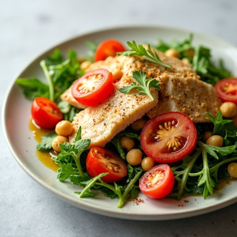 Flaked Tuna and Chickpea Salad with Fresh Tomatoes and Peppery Arugula