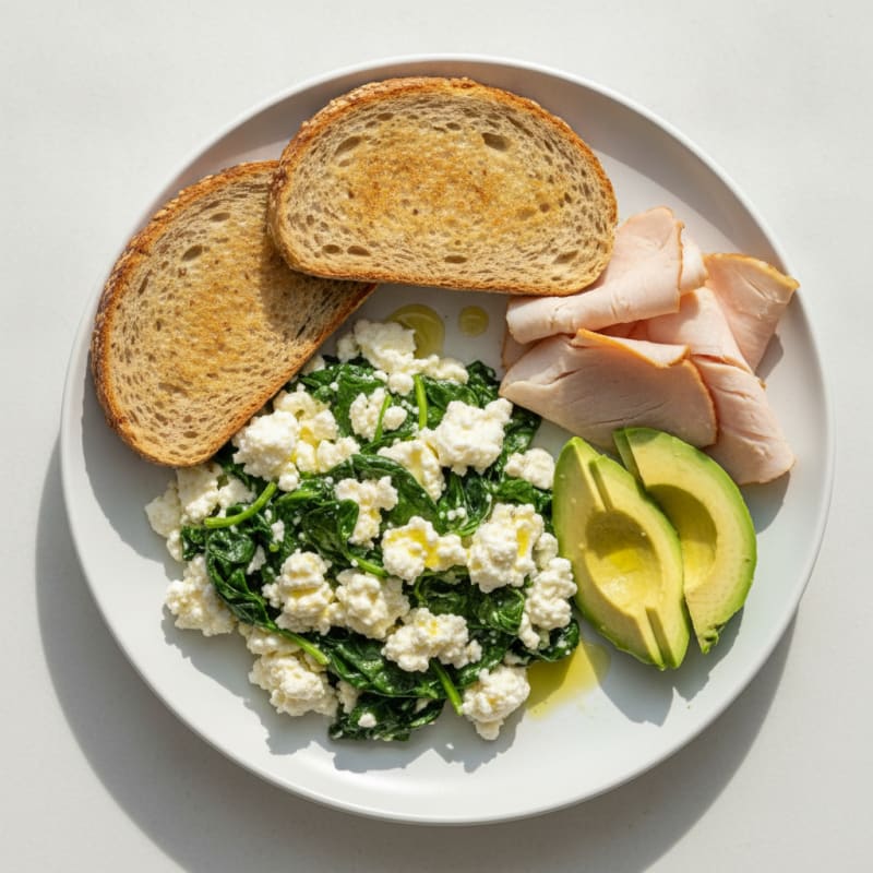 Egg White Spinach Scramble with Cottage Cheese and Sliced Turkey