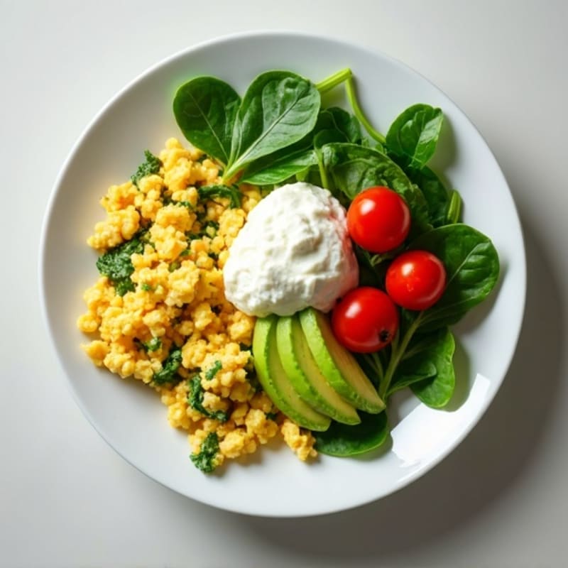 Egg White and Spinach Scramble with Cottage Cheese and Sliced Avocado