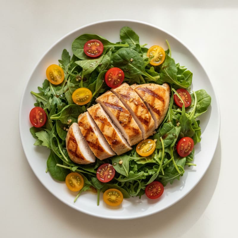 Grilled Chicken Breast with Mixed Greens and Cherry Tomatoes