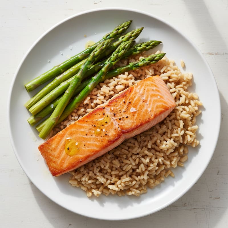 Seared Salmon with Steamed Asparagus and Brown Rice