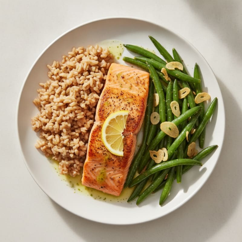Seared Salmon with Garlic Green Beans and Brown Rice