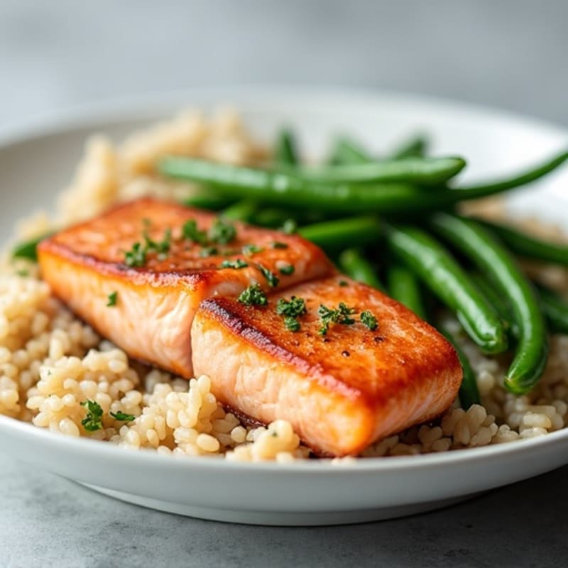 Seared Salmon with Garlic Green Beans and Brown Rice
