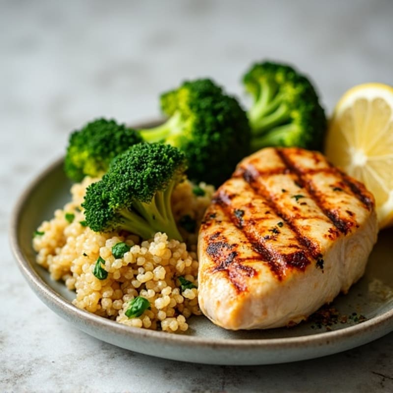 Grilled Chicken Breast with Roasted Broccoli and Garlic Quinoa