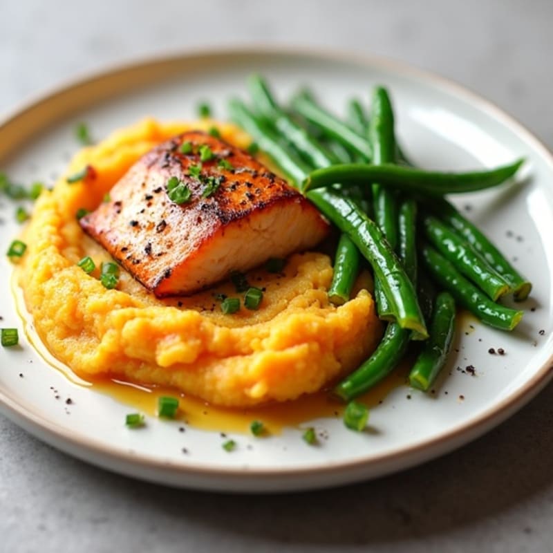 Seared Salmon with Steamed Green Beans and Garlic Mashed Sweet Potatoes