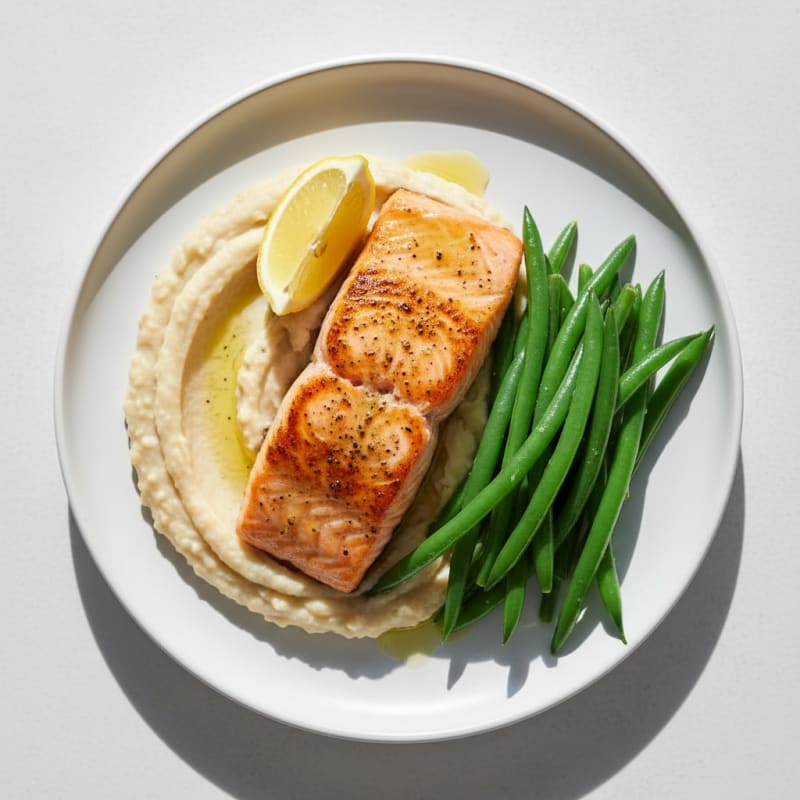 Seared Salmon Fillet with Creamy White Bean Mash and Steamed Green Beans