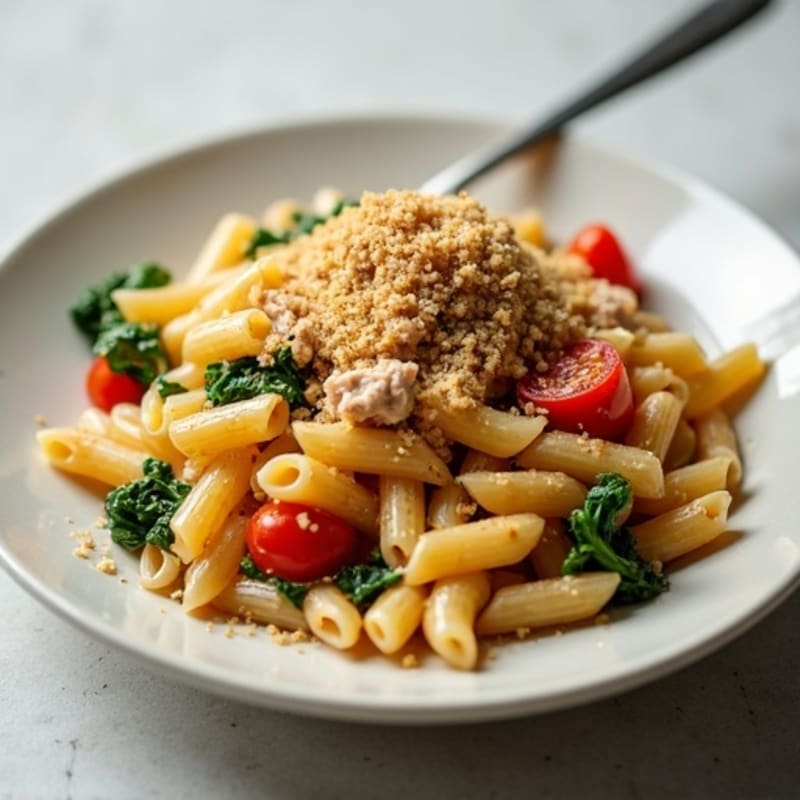 Lightened Creamy Tuna and Whole Grain Pasta Bake with Crispy Topping