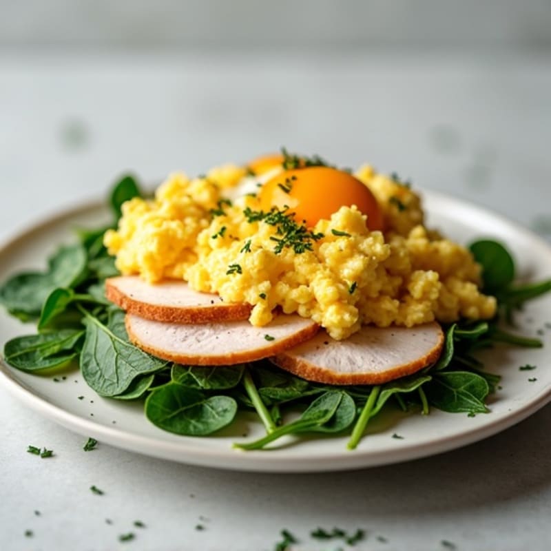Cottage Cheese Egg Scramble with Sautéed Spinach and Sliced Turkey Breast