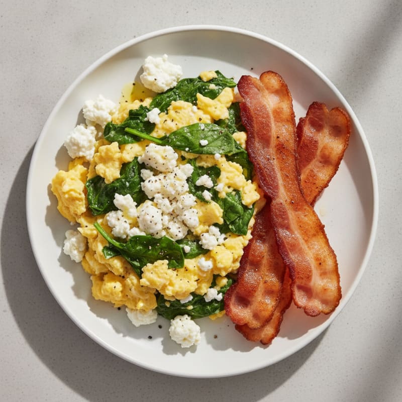 Cottage Cheese Egg Scramble with Spinach and Turkey Bacon