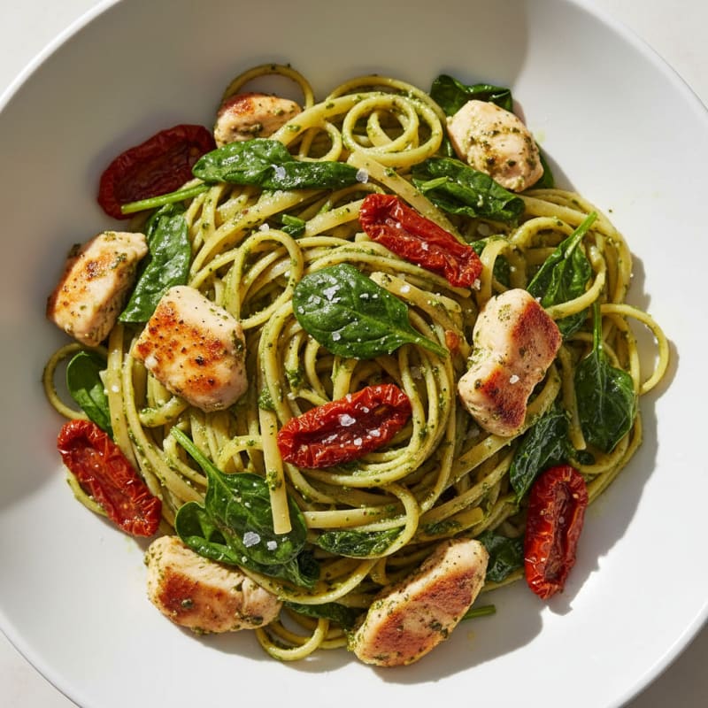 Pesto Chicken Linguine with Sun-Dried Tomatoes