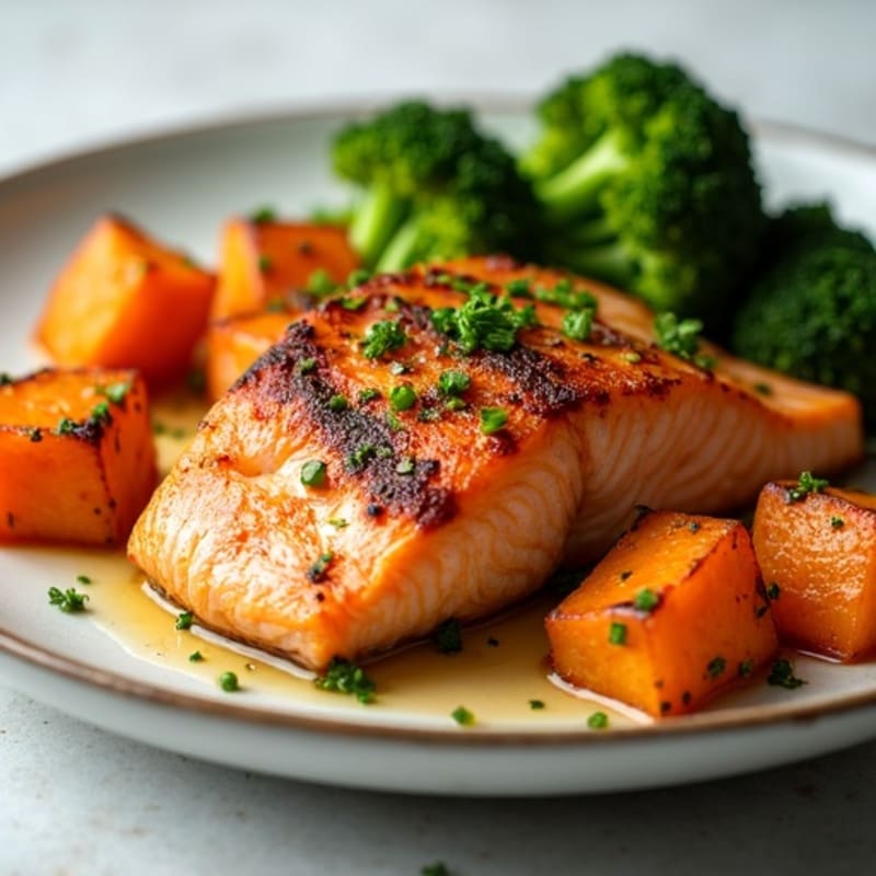 Seared Salmon with Roasted Sweet Potatoes and Steamed Broccoli