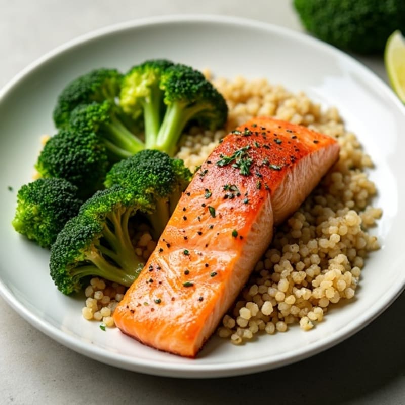 Seared Salmon with Steamed Broccoli and Quinoa