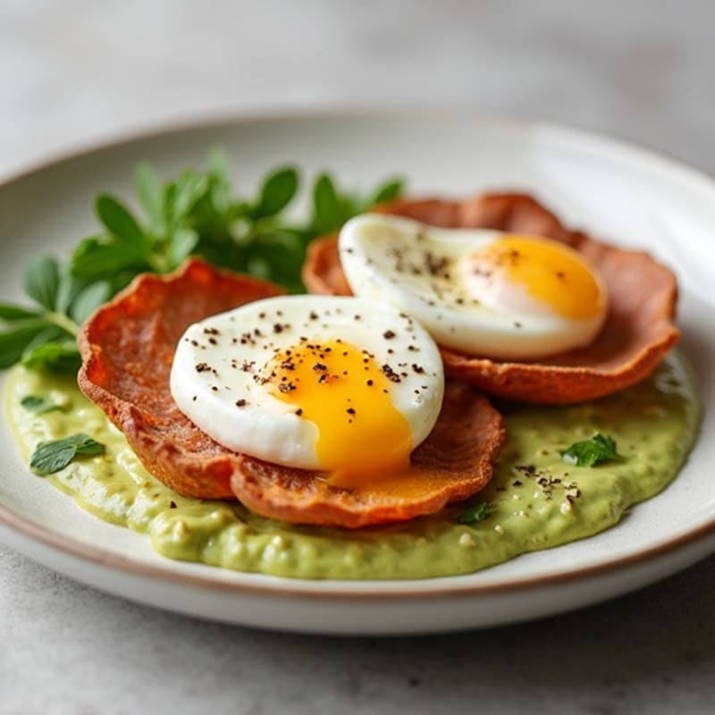 Poached Eggs with Crispy Sweet Potato Rounds, Lean Ham, and Creamy Avocado Sauce