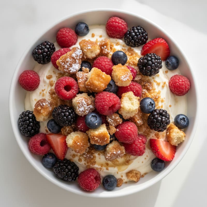 High-Protein Vanilla Ice Cream with Crumbled Donut and Mixed Berries
