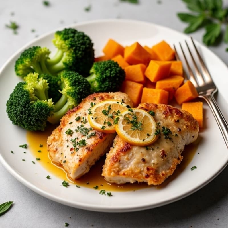 Crispy Lemon Herb Chicken with Roasted Sweet Potatoes and Broccoli