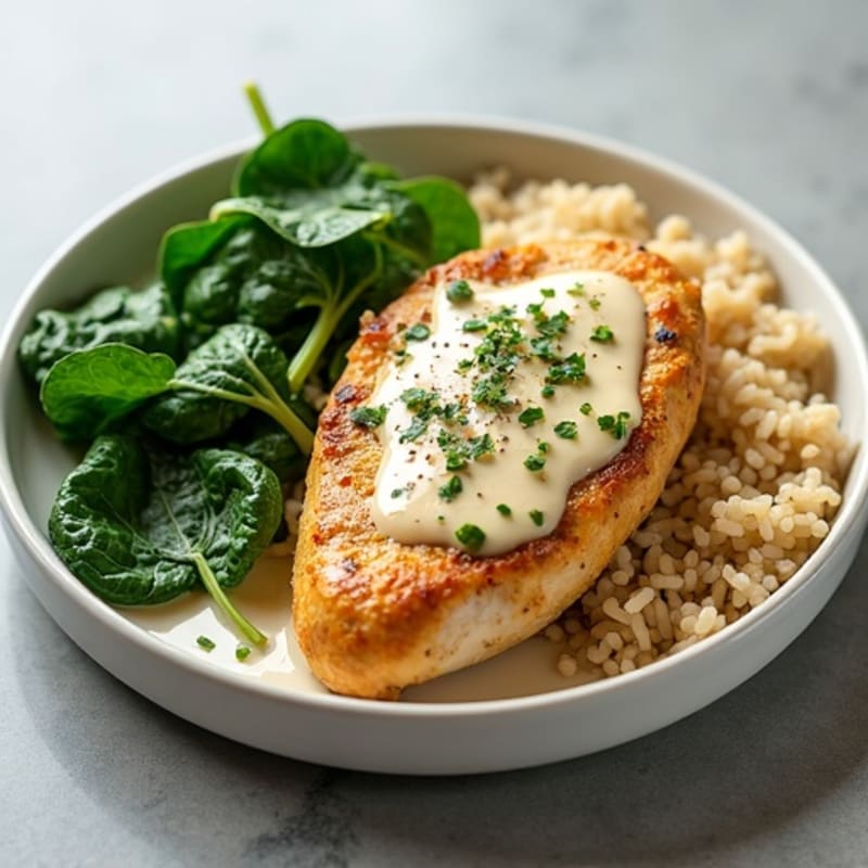 Creamy Coconut Chicken with Wilted Greens and Brown Rice