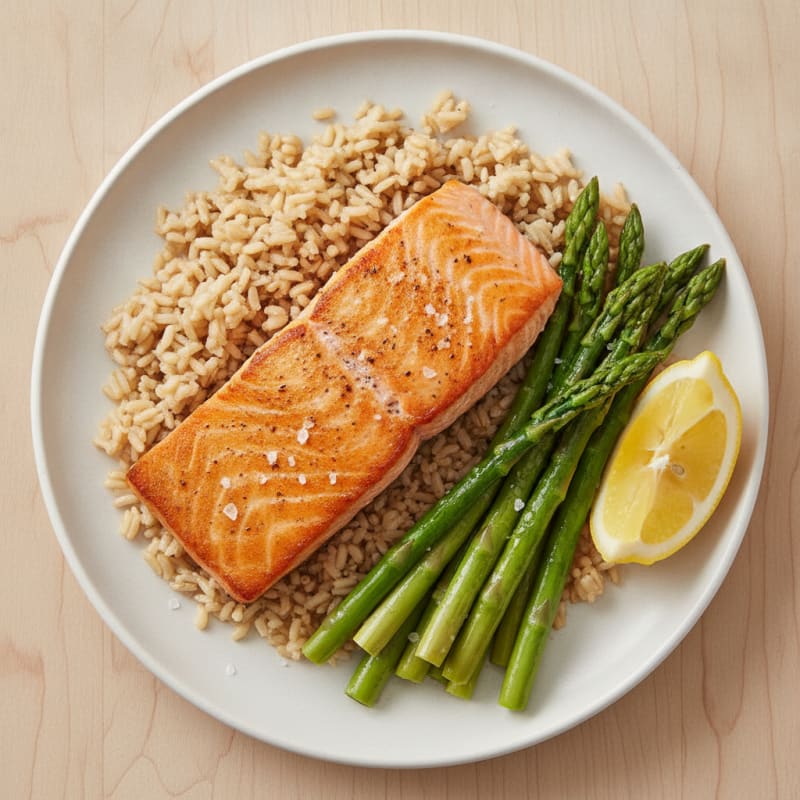Seared Salmon with Steamed Asparagus and Brown Rice
