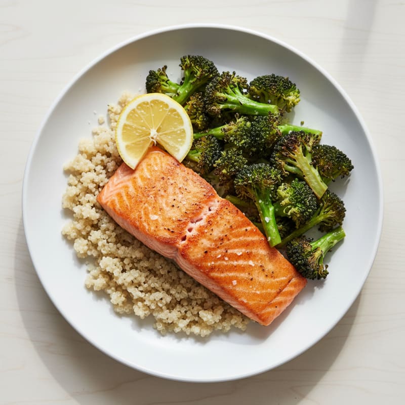 Seared Salmon with Roasted Broccoli and Quinoa