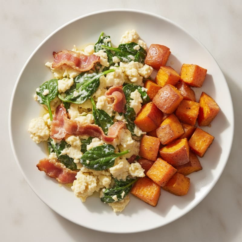 Crispy Turkey Bacon and Spinach Egg White Scramble with Roasted Sweet Potatoes