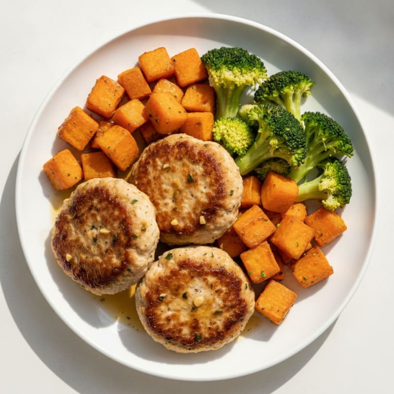 Seared Turkey Patties with Roasted Sweet Potatoes and Steamed Broccoli