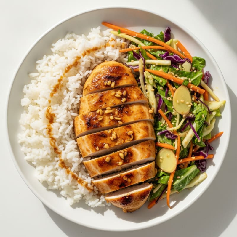 Grilled Chicken Breast with Steamed Rice and Crunchy Veggie Slaw