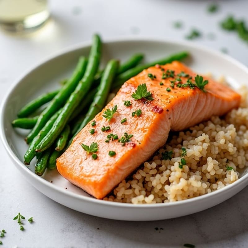 Seared Salmon with Garlic Green Beans and Brown Rice