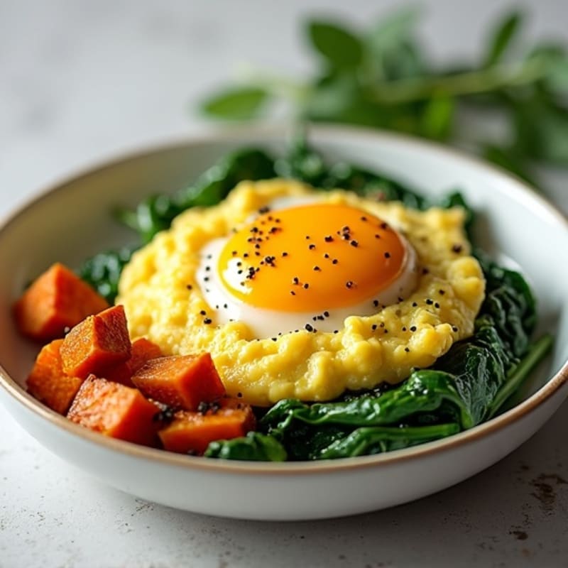 Scrambled Eggs with Sautéed Spinach and Sweet Potato