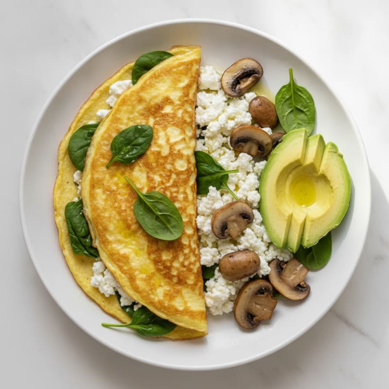 Egg White Spinach Omelet with Cottage Cheese and Sautéed Mushrooms