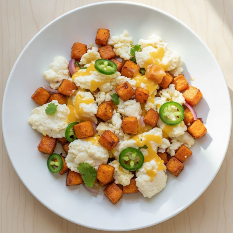 Spicy Scrambled Egg Whites with Cheddar and Sweet Potato Hash