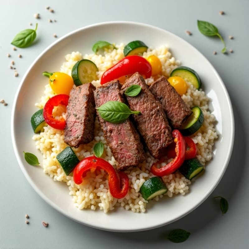 Seared Beef Strips with Roasted Bell Peppers, Zucchini & Egg-Fly Rice