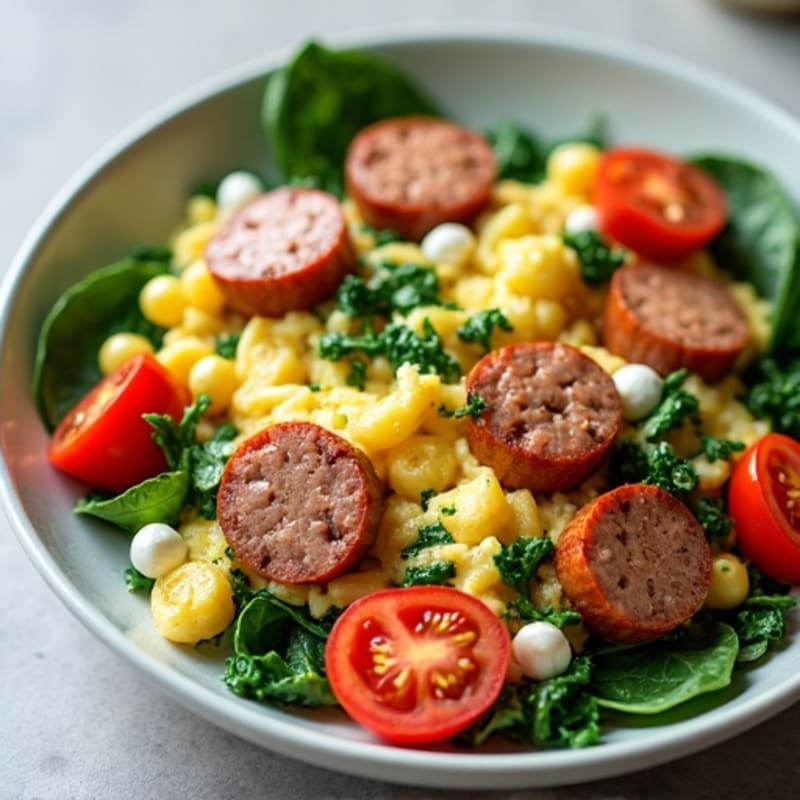 Egg White and Turkey Sausage Scramble with Spinach and Tomatoes